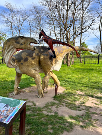 Dinosaur sculptures in Lubin Park, Poland, outdoor exhibitの写真素材