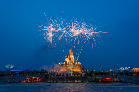 Fireworks show in an amusement parkのeditorial素材