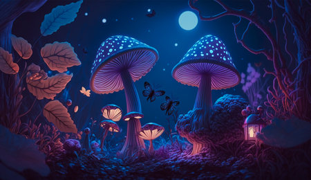 Magic mushrooms in the dark forest. Fantasy landscape. Vector illustration.の素材