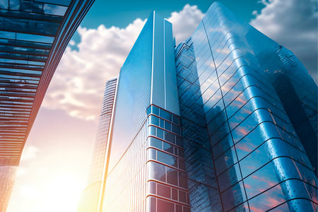 Modern skyscrapers in the city at sunset. 3d renderingの素材