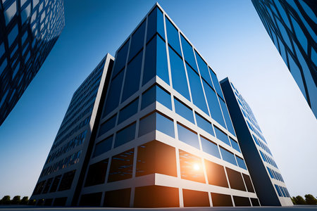 Modern office building in the city at sunset. 3d render.の素材