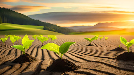 Plantation of soybean seedlings in the field at sunsetの素材