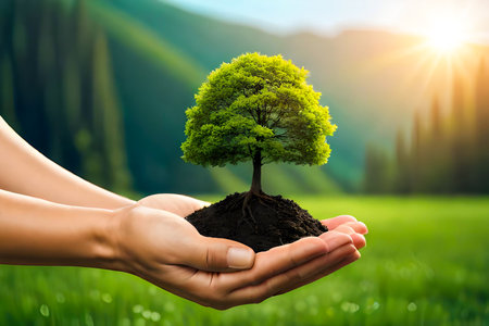 Human hands holding green tree in soil with sunlight. Ecology concept.の素材