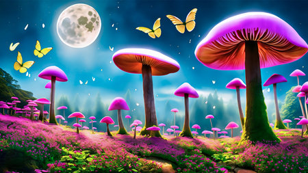 Fantasy landscape with magic mushrooms and butterflies. 3D illustration.の素材