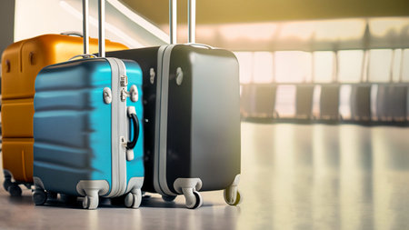 Two blue and yellow travel suitcases in airport terminal. 3d renderingの素材