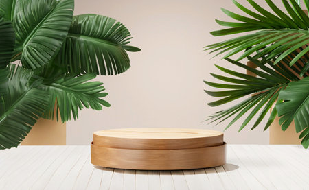 Wooden podium on wooden table with palm leaves. 3D renderingの素材