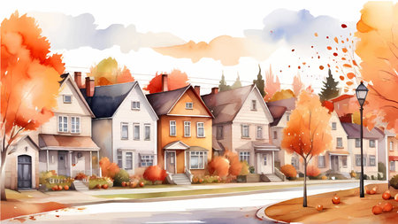 Autumn city landscape with houses and trees. Watercolor illustration.のイラスト素材