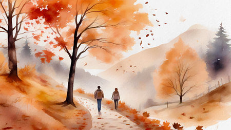 Young couple walking in the autumn park. Watercolor hand drawn illustrationのイラスト素材