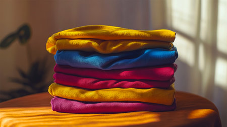 Stack of colorful clothes on the table. Selective focus. nature.の素材