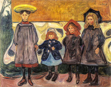 Edvard Munch, Four Girls in Asgardstrand is an oil painting on canvas 1903 - by Norwegian painter Edvard Munch  (1863â1944).のeditorial素材