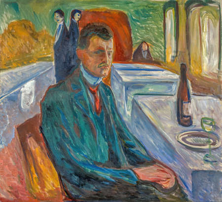 Edvard Munch, Self-Portrait with a Bottle of Wine is an oil painting on canvas 1906 - by Norwegian painter Edvard Munch  (1863â1944).のeditorial素材