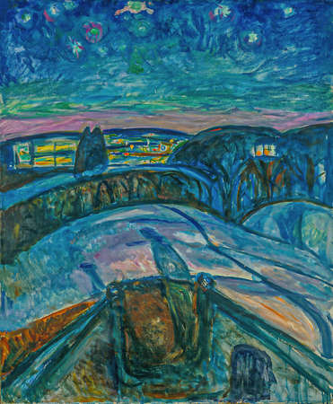 Edvard Munch, Starry Night is an oil painting on canvas 1922 - by Norwegian painter Edvard Munch  (1863â1944).のeditorial素材