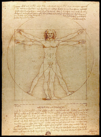 The Vitruvian Man, The Proportions of the human figure (after Vitruvius), 1492 AD (C15th AD) (pen & ink on paper), by Italian Artist Leonardo da Vinci (1452-1519).のeditorial素材