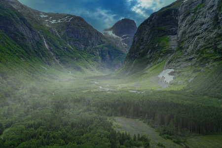 Buarbreen mountains  landscape on a misty morning, Folgefonna glacier, Vestland, Norway.の写真素材