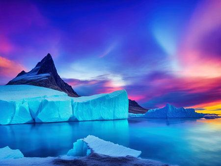 Fantastic winter landscape with icebergs and aurora borealis.