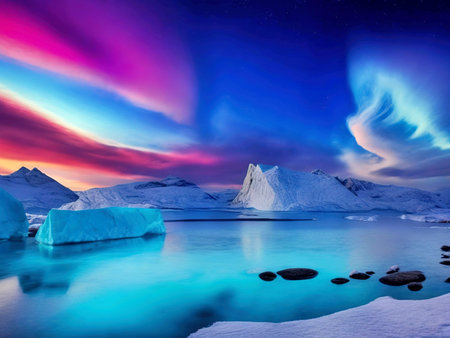 Fantastic winter landscape with icebergs and aurora borealis.の写真素材