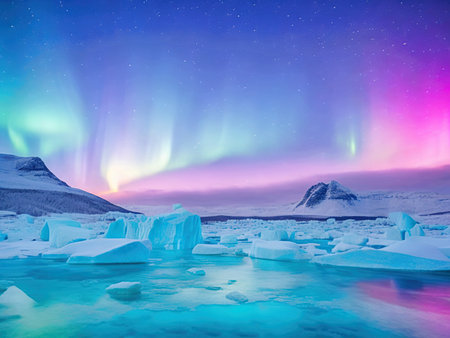 Beautiful aurora borealis over icebergs in Jokulsarlon, Iceland.