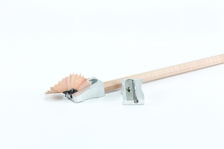 Pencil with sharpening shavings on white backgroundの写真素材