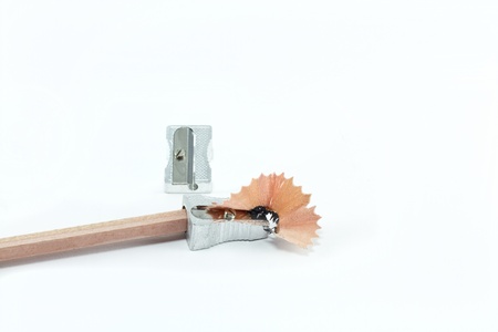 Pencil with sharpening shavings on white backgroundの写真素材