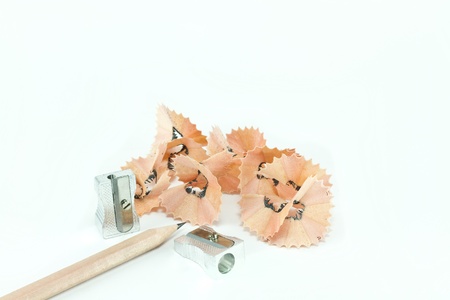 Pencil with sharpening shavings on white backgroundの写真素材