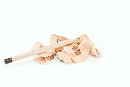 Pencil with sharpening shavings on white backgroundの写真素材