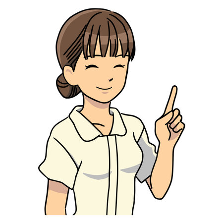 It is an illustration of a female nurse in a mask with her index finger up and flashing something or pointing to somewhere.のイラスト素材