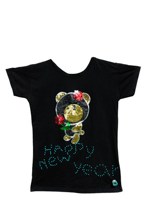 embroider  bear with happy new year on black T-shirtの写真素材