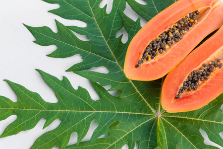Papaya on its leaf on white background