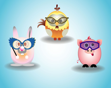 chicken, rabbit and pig with kind of glassed use blend optionのイラスト素材