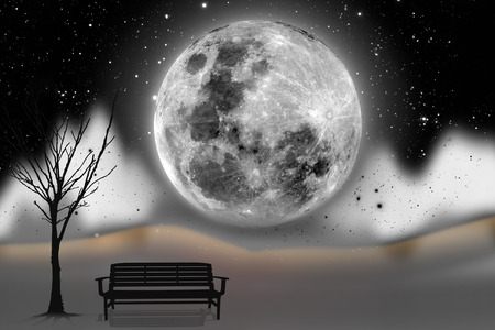 lonely empty bench with silhouette moon background. の写真素材