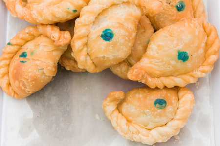 Curry puff, newly fried curry puff, snack, pastry, stuffed breadの写真素材