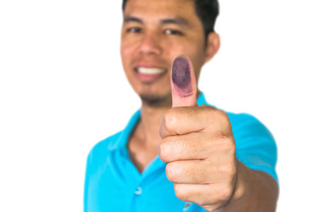 man show blue color on fingerprint on white background, right to vote, Election Campaign,...