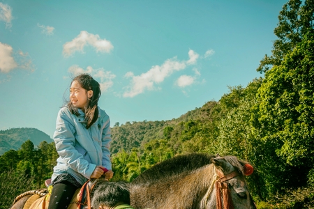 little girl is riding on brown pony in park, vintage styleの写真素材