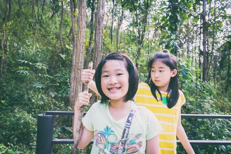 kids seeking grass flower  and playing in the forestの写真素材