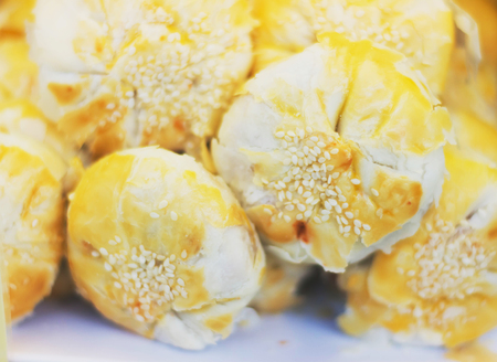 chines pastry in plate sell in walking streetの写真素材