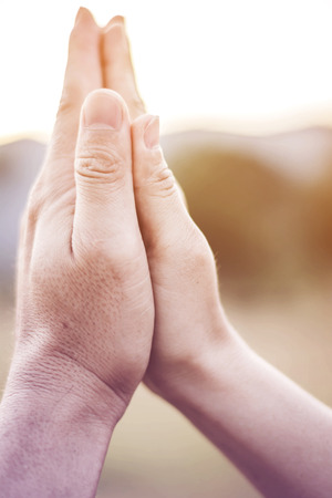 Praying hands in meadow at sunset with gradientの写真素材