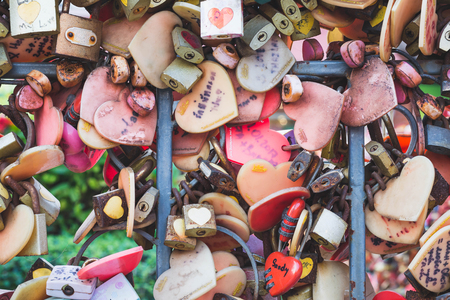 Many Love locks on the wall in Bangkok - a symbol of eternal love, friendship and romance. Thailandのeditorial素材