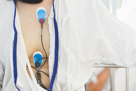 patient wearing holter monitor device for monitoring of an electrocardiogram 24 hour Heart...