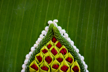 pattern of floating basket by banana leaf, krathong for Loy Kratong Festival, river goddess worship ceremony, full moon festival,  the famous festival of Thailandの写真素材