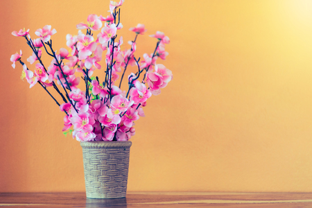 Flower and plant in pot on table with colorful backgroundの写真素材