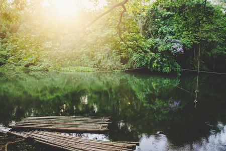 wooden small raft floating on canal. Natural Travel conceptの写真素材