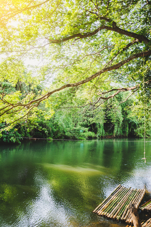 wooden small raft floating on canal. Natural Travel conceptの写真素材