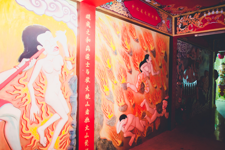 Nakhonsan, THAILAND â May 29, 2017 : mural paintings at wall of tunnel in Temple, public open for people to see and take a photo.のeditorial素材