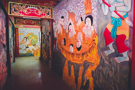 Nakhonsan, THAILAND â May 29, 2017 : mural paintings at wall of tunnel in Temple, public open for people to see and take a photo.のeditorial素材