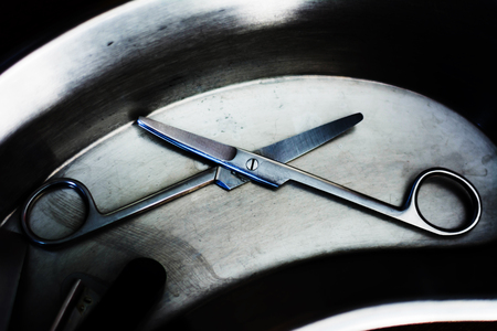 Sterilized surgical instruments on stainless trayの写真素材