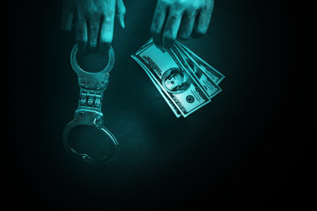Man holding money and handcuff with handcuff on table, escape arrest concept