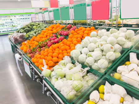 Shelf with Fresh fruits and vegetable in supermarket  Healthy food concept. Vitamins and minerals.の写真素材