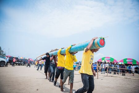 Nakhonsawan,Thailand -MAY 11,2019: Unidentified people prepare traditional rockets in Rocket festival 'Boon Bang Fai' The celebration for plentiful rains during the rice plant seasonのeditorial素材