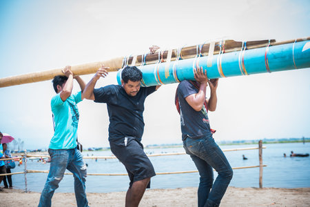 Nakhonsawan,Thailand -MAY 11,2019: Unidentified people prepare traditional rockets in Rocket...