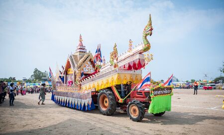Nakhonsawan,Thailand -MAY 11,2019 : Many decorated car in procession of âBoon Bang Faiâ festival or traditional Rocket Festival.The celebration for plentiful rains during the rice plant seasonのeditorial素材